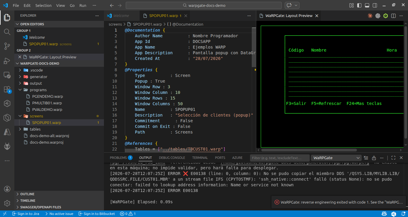 Preview de un popup con un DataGridView (columnas Código, Nombre y Hora) y las teclas de función