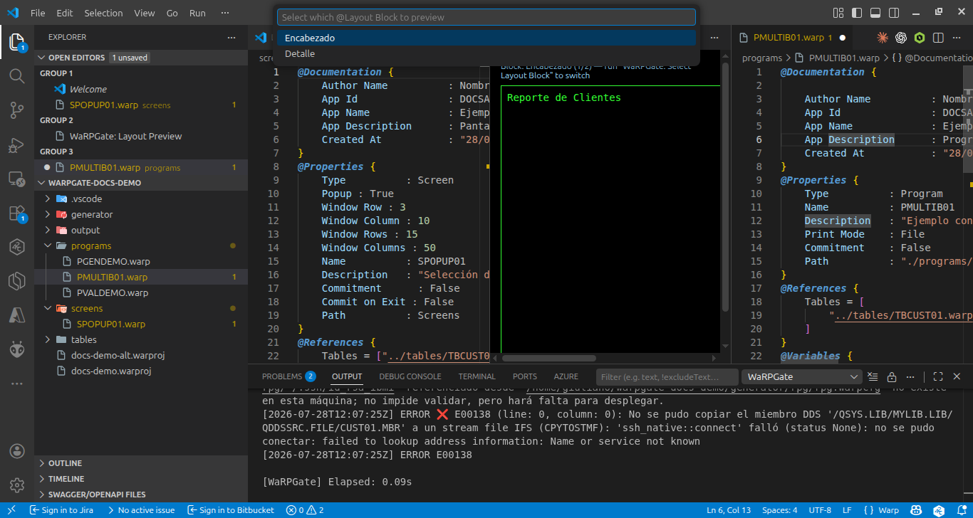 Selector con dos Block disponibles: Encabezado y Detalle